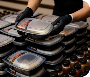 Boxed Meals & Utensils being served at a meal Boxed Meals & Utensils being served at a meal