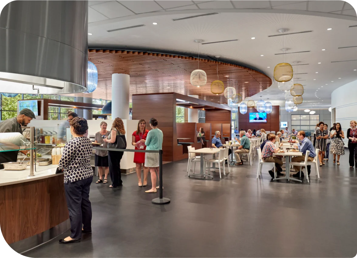 Employees waiting in line at a corporate cafeteria