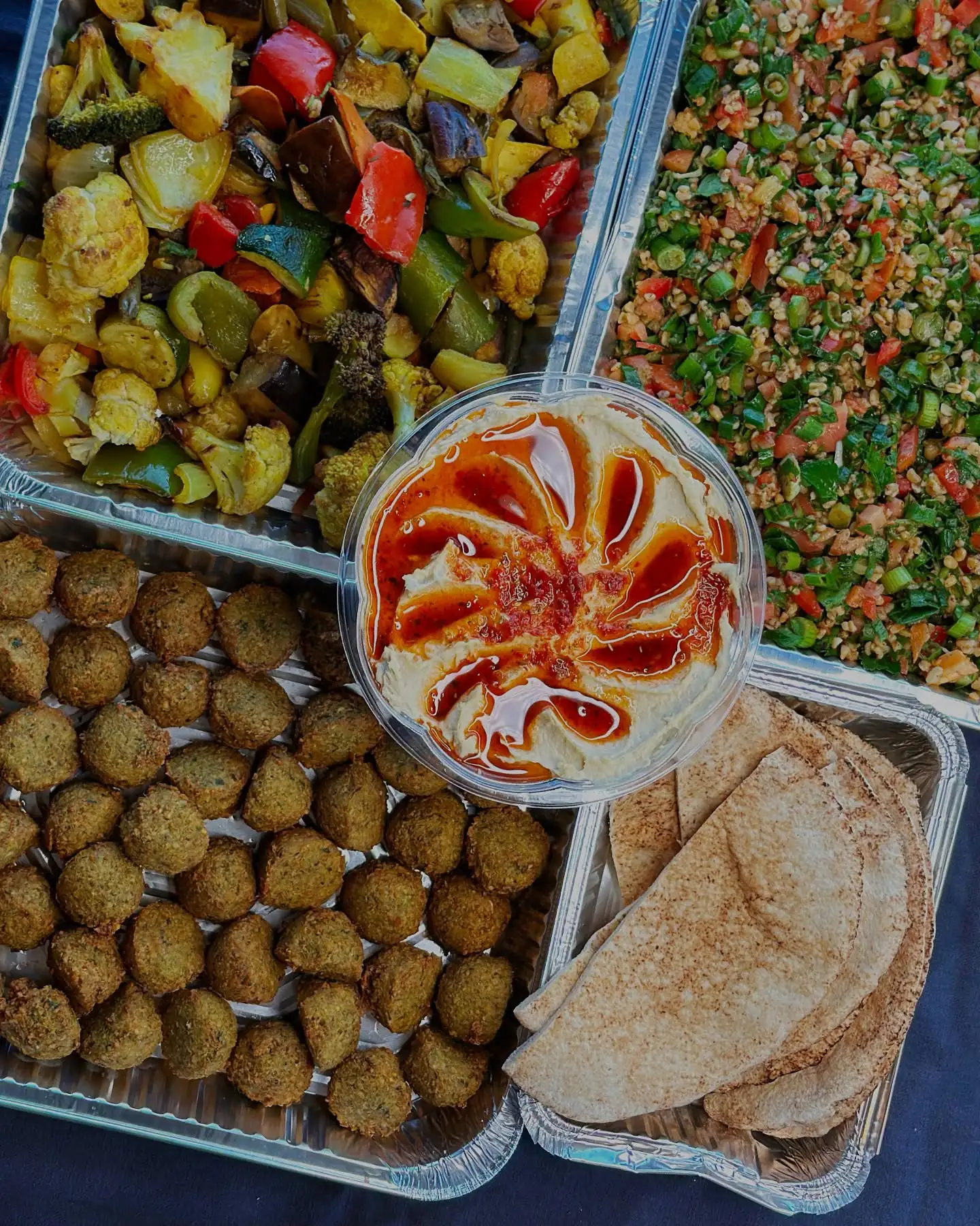 Boston Kebab House Mediterranean catering platter with falafel hummus and tabbouleh