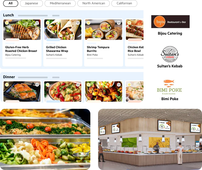Multiple daily menu concepts featuring global cuisines, prepared onsite