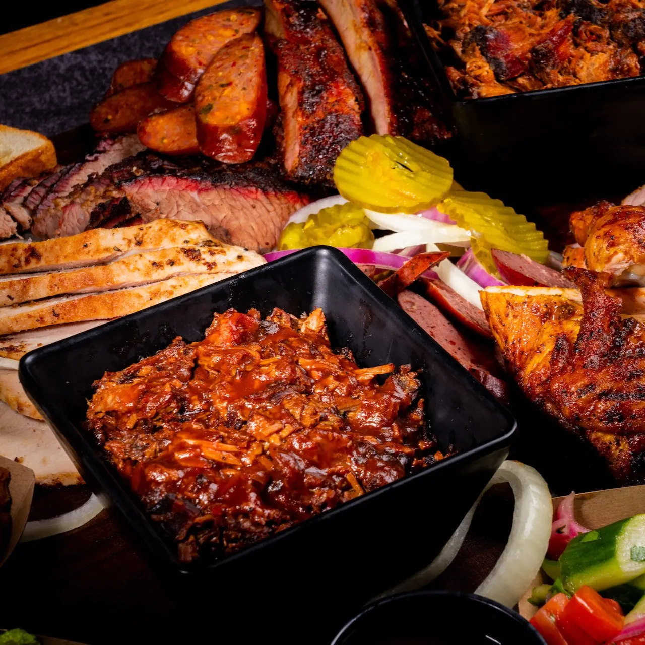 Pok-e-Jo's BBQ brisket and ribs catering spread for a corporate event in Austin