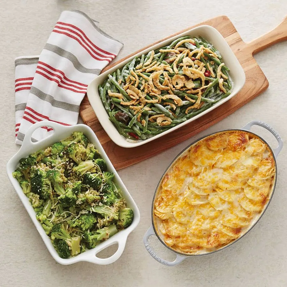 Honey Baked Ham green bean casserole, Tuscan broccoli, and potatoes au gratin