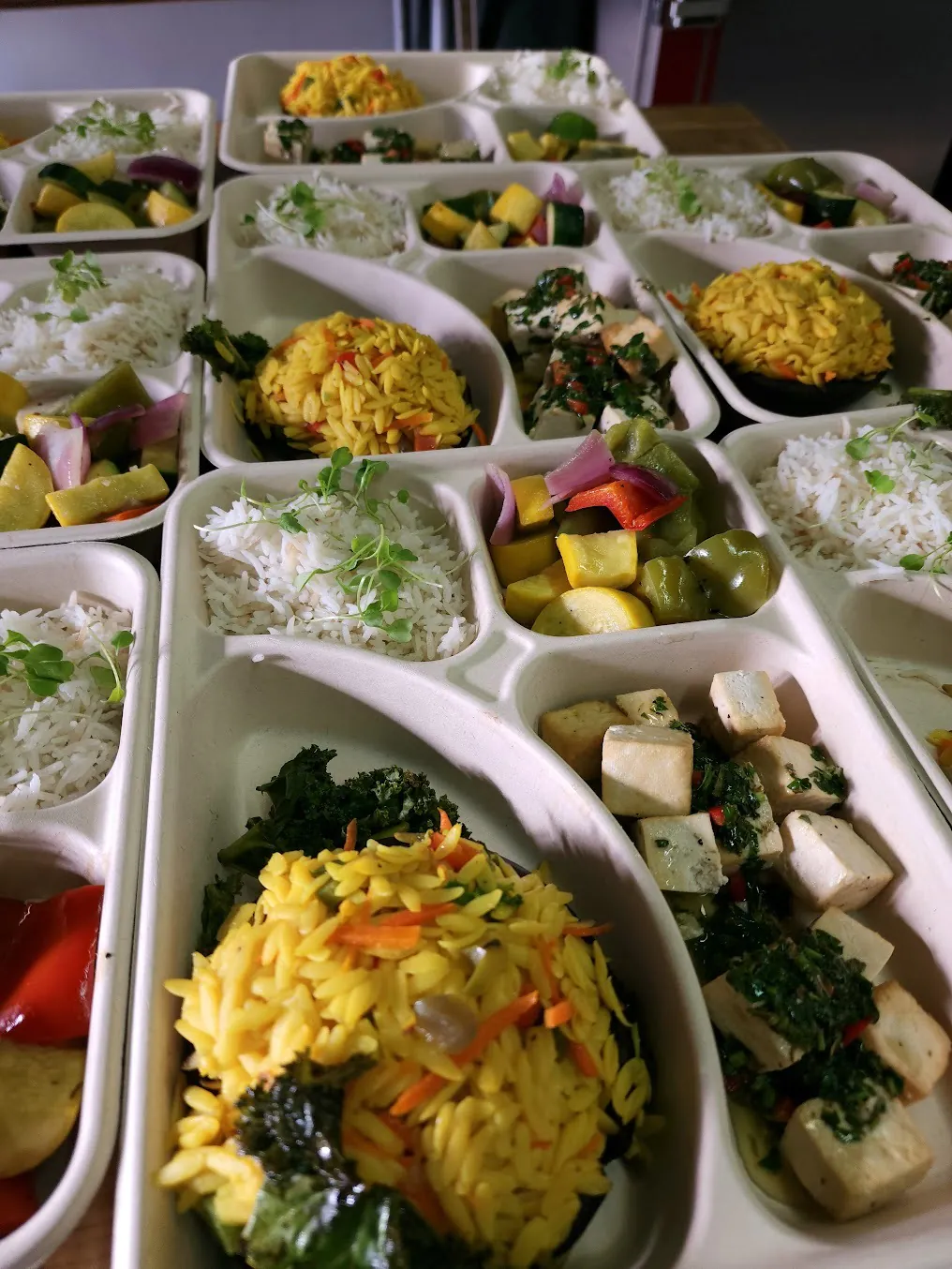 Compartmented Indian boxed lunches with saffron rice, paneer cubes, vegetable curry, and basmati rice in individual portions on a kitchen surface