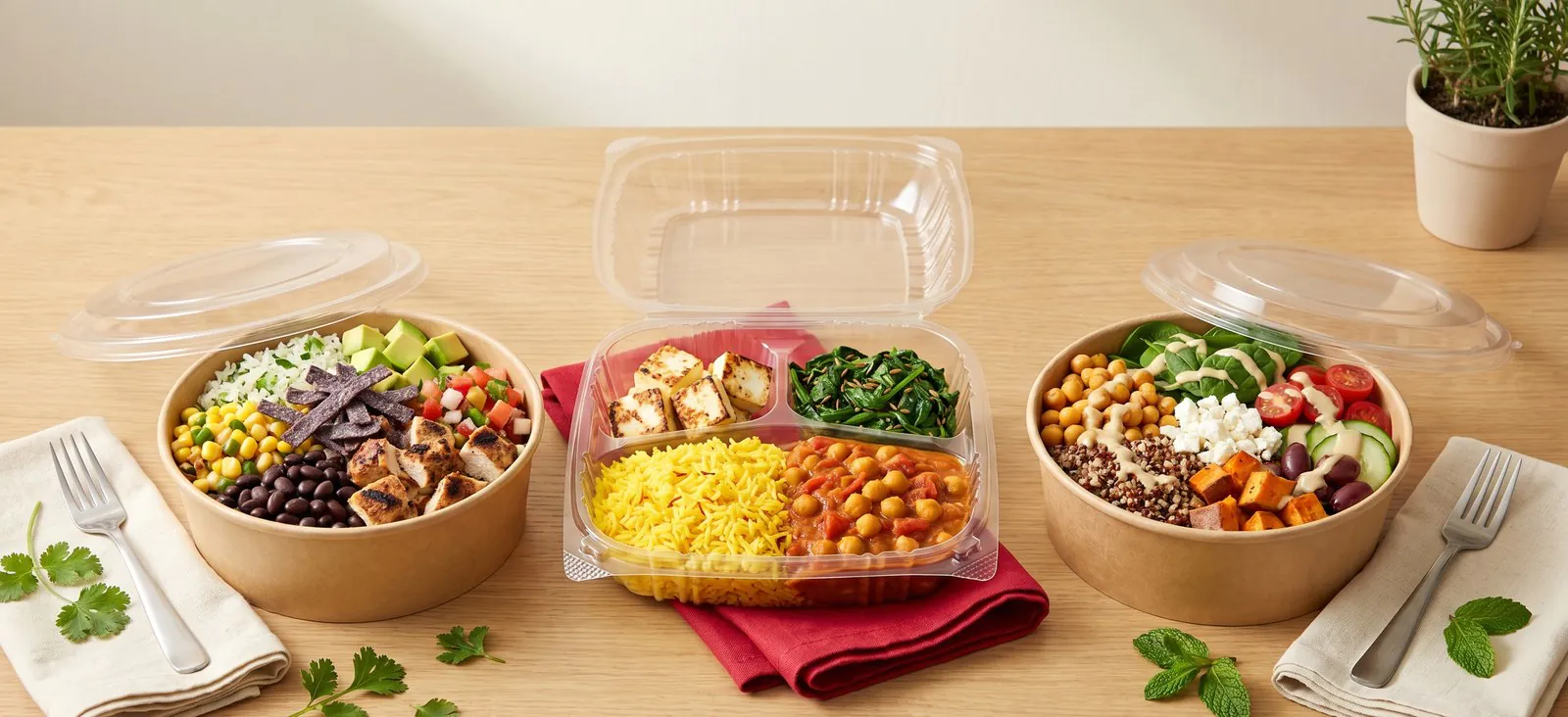 Three individually packaged gluten-free catering boxes side by side: Mexican burrito bowl with corn tortilla strips, Indian compartmented box with saffron rice and chickpea curry, and a Mediterranean quinoa power bowl with feta and chickpeas