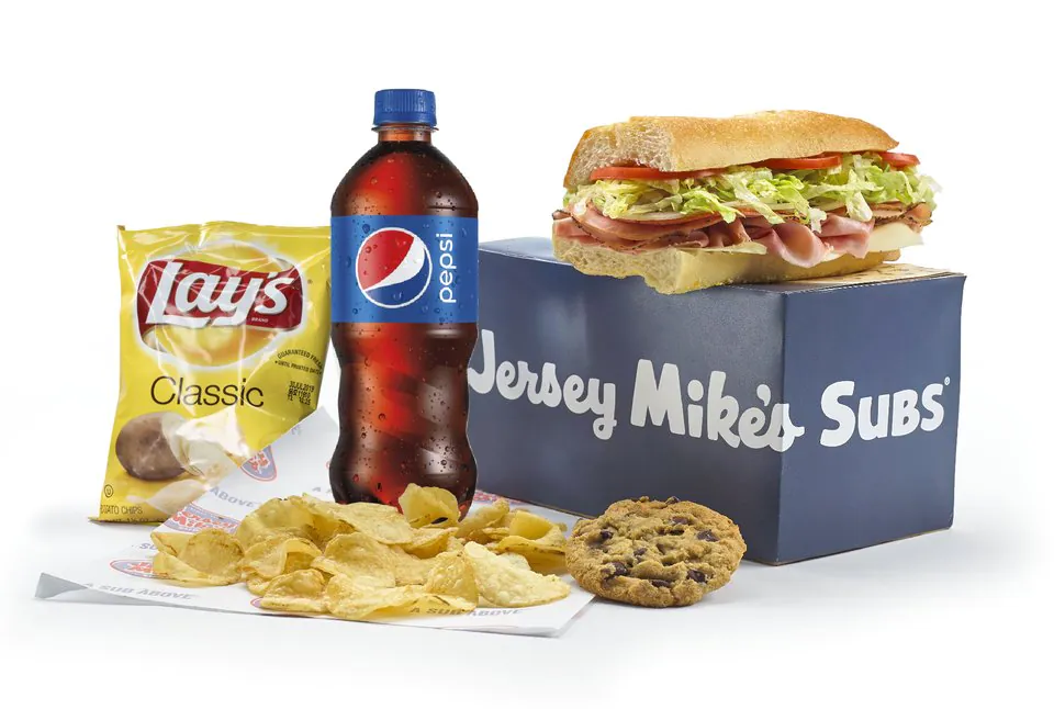 Jersey Mike's individual boxed lunch with sub, chips, cookie, and drink