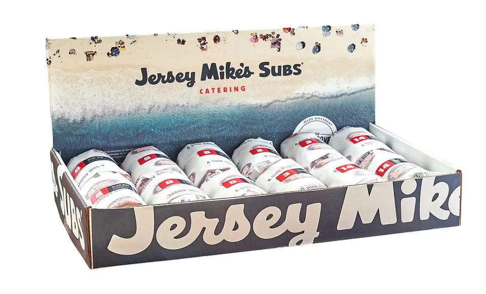 Jersey Mike's branded catering sub tray with individually wrapped subs