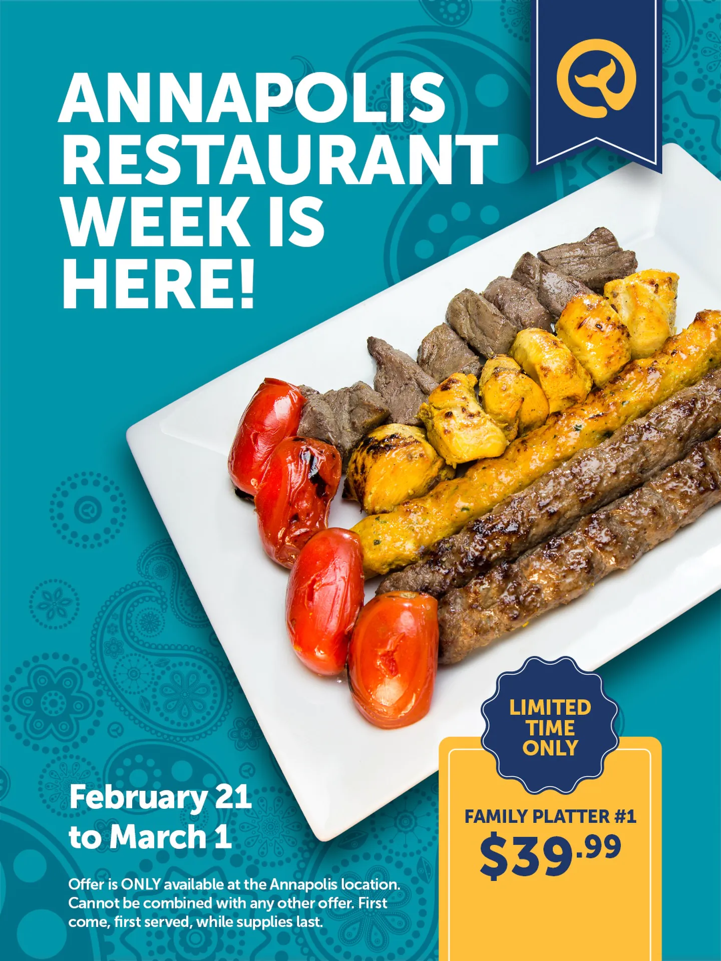 Moby Dick House of Kabob catering platter with saffron chicken, lamb kabobs, and basmati rice