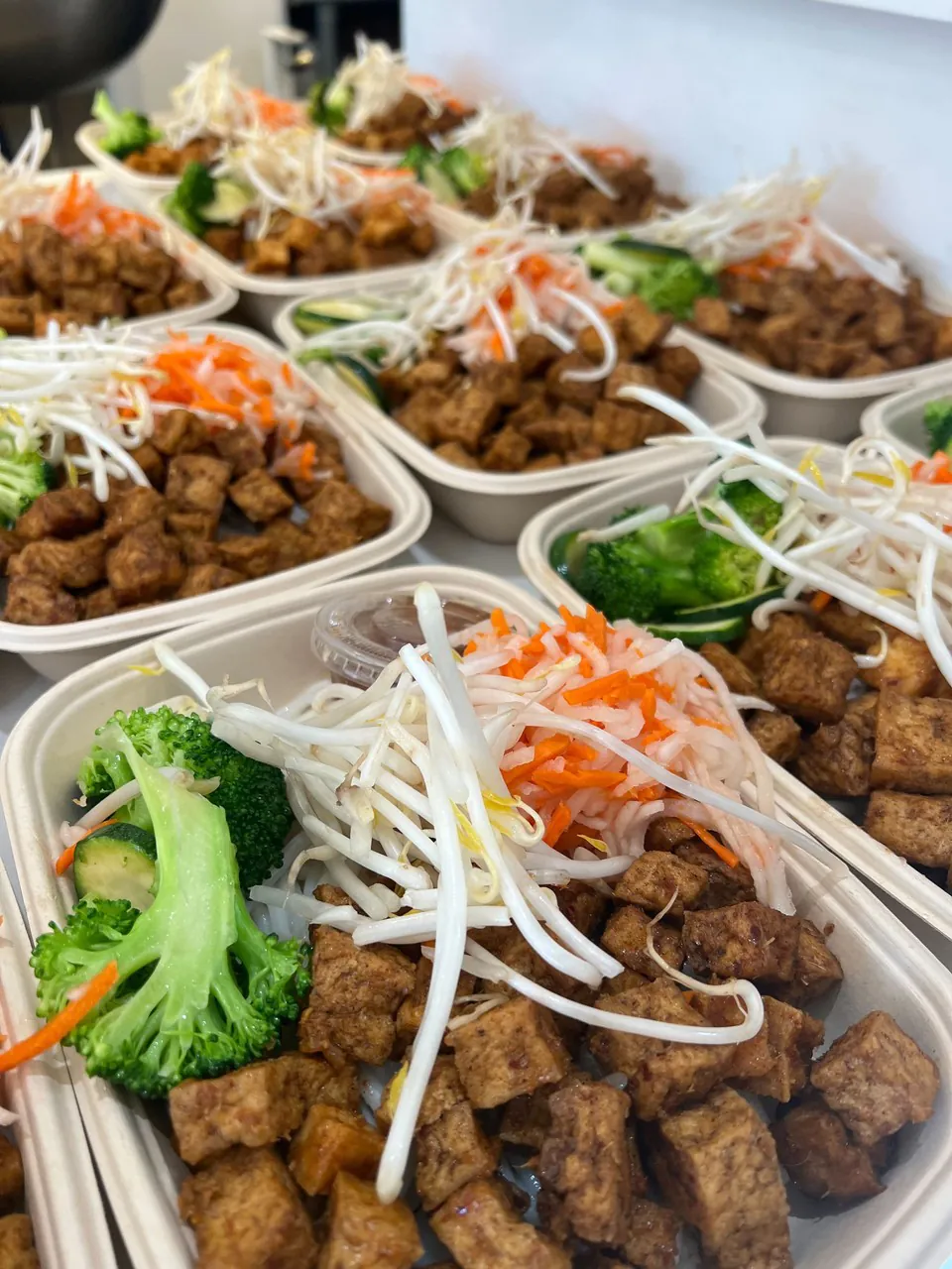 Rows of individually packaged tofu and broccoli boxed lunches lined up on a white catering counter