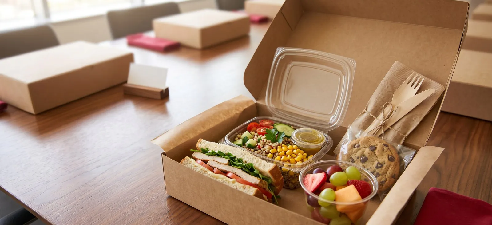 Open kraft boxed lunch with sourdough sandwich, grain salad, fruit cup, and cookie on a polished walnut conference table with rows of additional boxed lunches behind