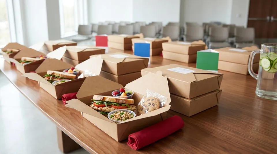 Long row of kraft boxed lunches lined up on a polished walnut conference table with red, blue, and green color-coded placards between dietary tiers