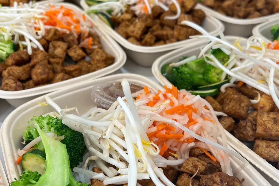 Real Zerocater boxed lunches: variety pack lineup with vegetarian, dietary-tagged compartments Close-up of individual boxed lunches lined up on a counter: tofu and broccoli boxes with fresh bean sprouts, shredded carrot and daikon garnish, edamame and rice on the side