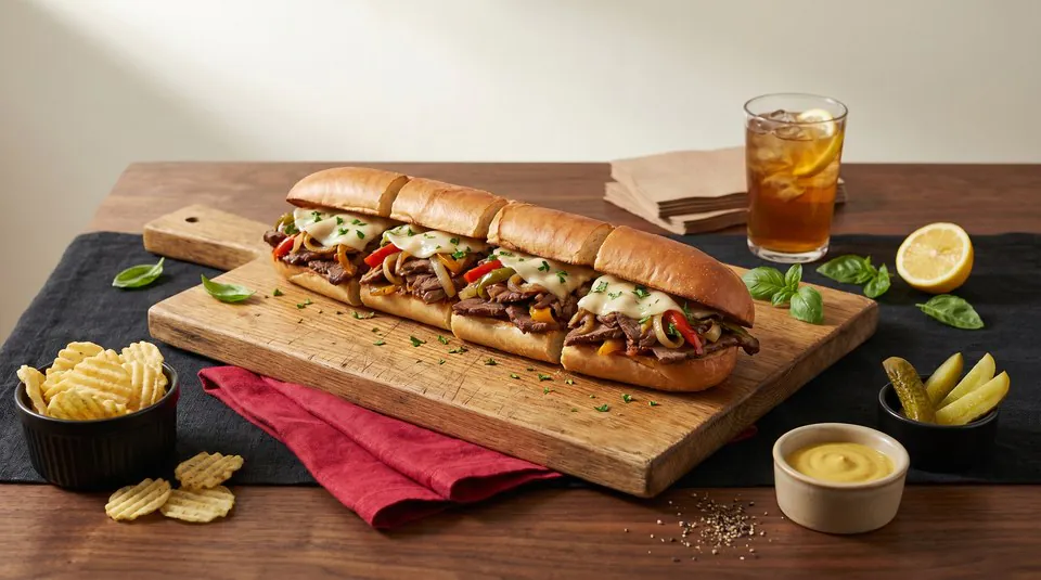 Hot sub catering setup with a long sliced hot sub on a wooden board, fresh-cut chips, pickles, and small condiment ramekins on a black-linen office table