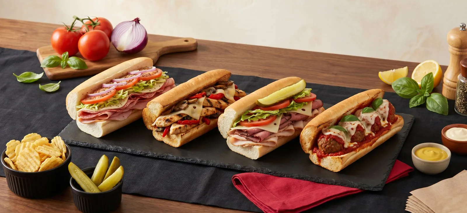 Hot and cold sub catering spread with hoagie rolls, deli meats, cheeses, lettuce, tomato, pickles, and chips on a black-linen office buffet