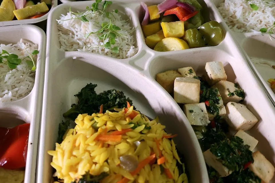 Rows of compartmentalized boxed Indian catering trays with basmati rice, paneer-style cubes, squash and pepper vegetables, and saffron orzo for office dietary-flexible lunches