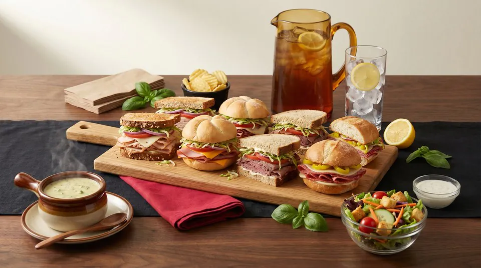 Local deli catering setup with assorted sliced sandwiches on a wooden board, soup tote, fresh garden salad, and a pitcher of iced tea on a black-linen office table