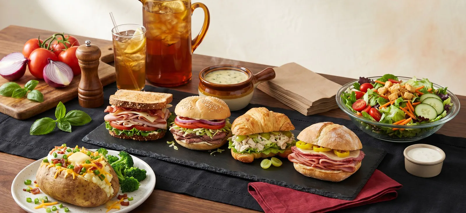 Deli catering spread with assorted sliced sandwiches, a build-your-own baked potato bar, soup tureens, salad bowls, sweet tea pitcher, and chips on a black-linen office buffet