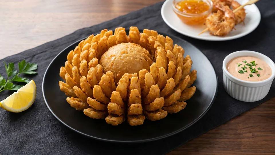Outback Steakhouse Bloomin' Onion appetizer (a whole battered fried onion cut into roughly two hundred petals) on a matte black plate with a small ramekin of creamy bloom dipping sauce, lemon wedge, and Gold Coast Coconut Shrimp skewers in the background