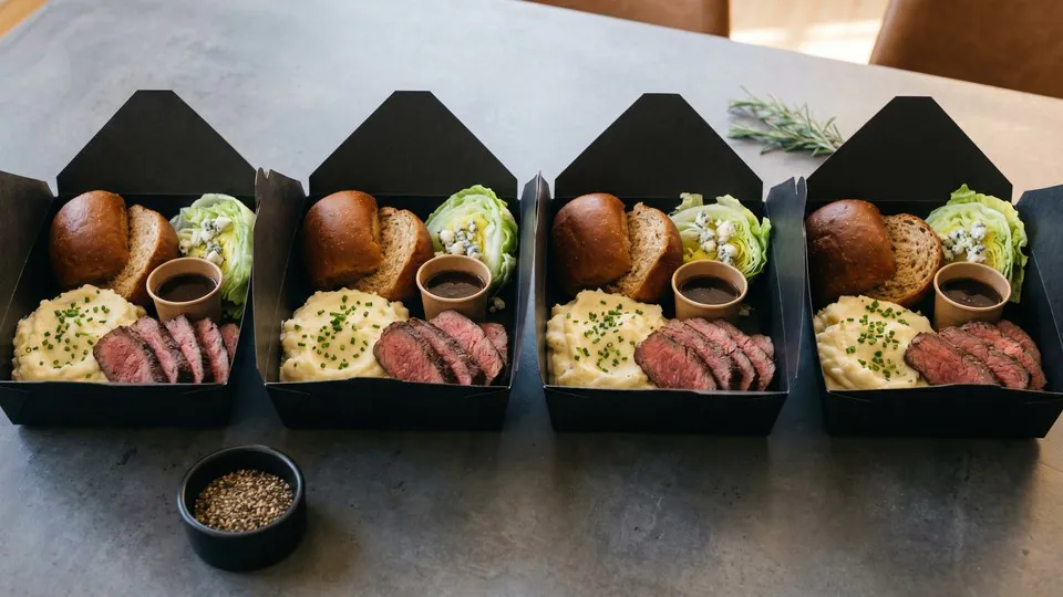 Four black paperboard catering boxes side by side, each with sliced wood-grilled sirloin, a halved honey-wheat Bushman dinner roll, homestyle mashed potatoes with chives, a wedge of iceberg salad with blue-cheese crumbles, and a small ramekin of steakhouse au jus, on a charcoal concrete table