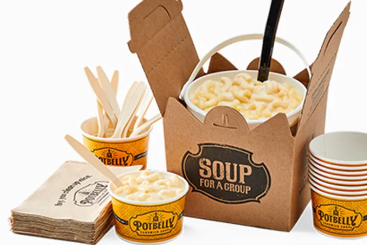 Branded Potbelly Mac and Cheese Soup For A Group catering box with kraft takeout tureen, white branded soup cups, wooden spoons, and napkins