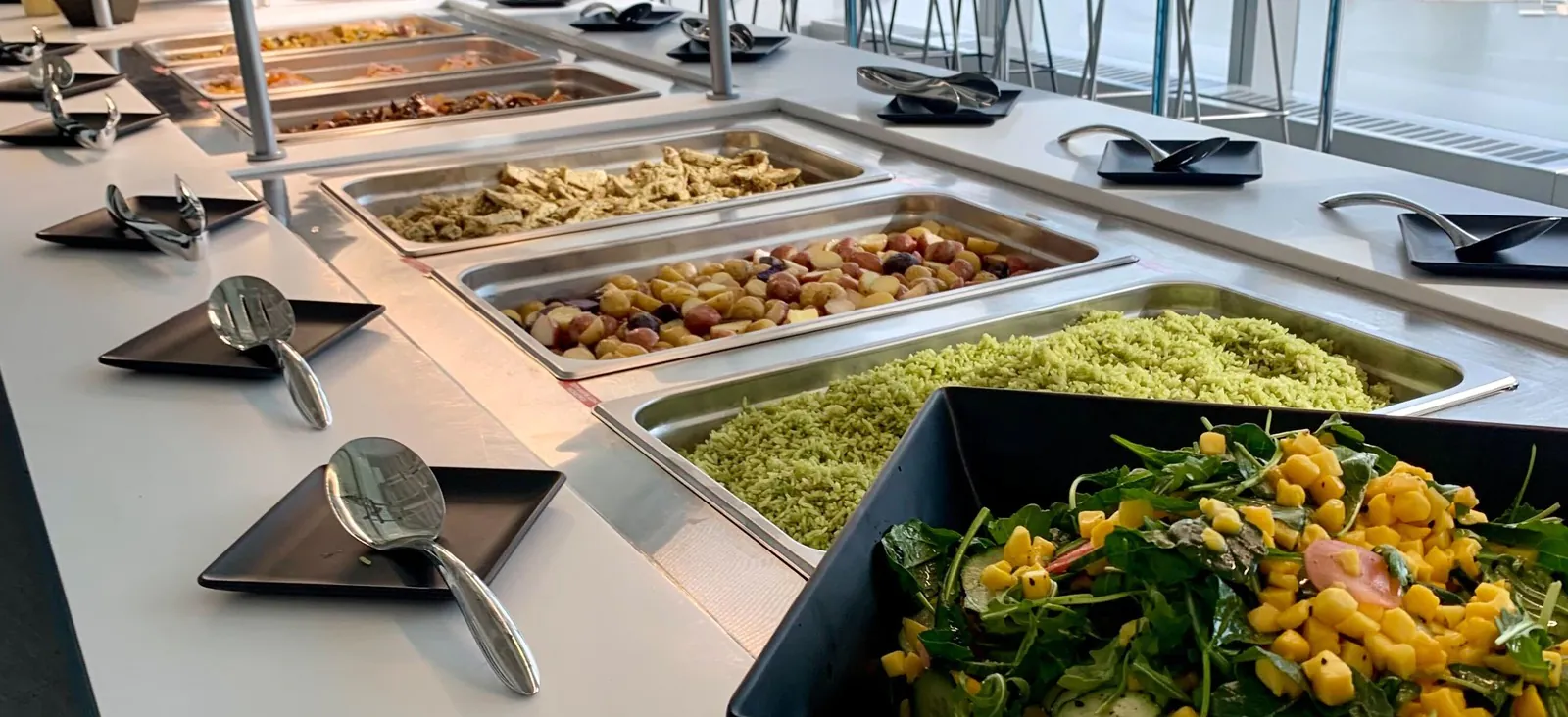 Modern corporate cafeteria buffet line with chafing pans of varied salads, grains, and proteins under sneeze guards in a tech office with floor-to-ceiling windows
