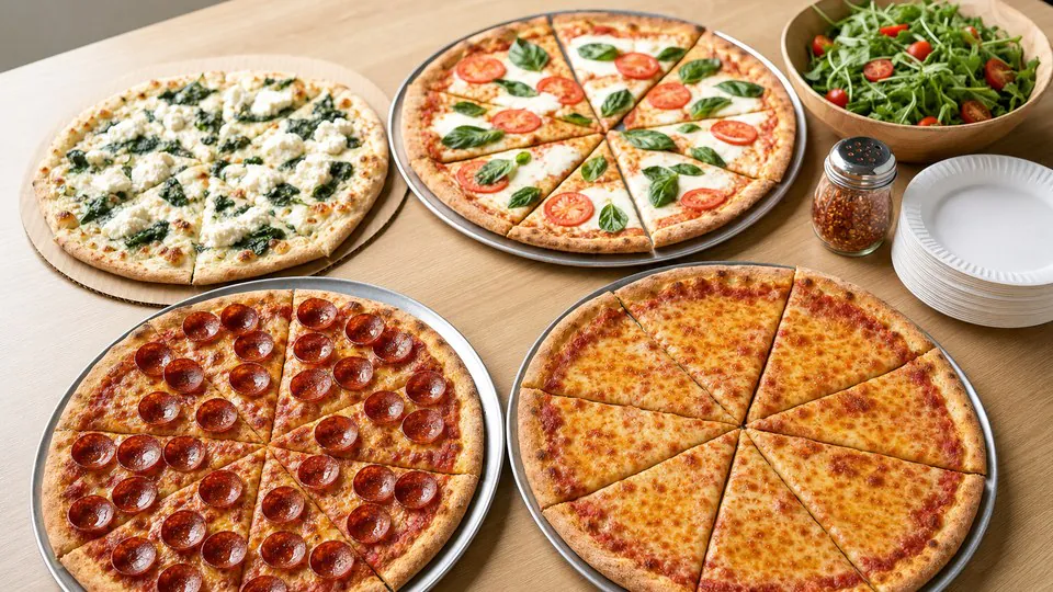 An assortment of whole New York pizzas including cheese, pepperoni, margherita, and white pies spread across a wood table with a side salad