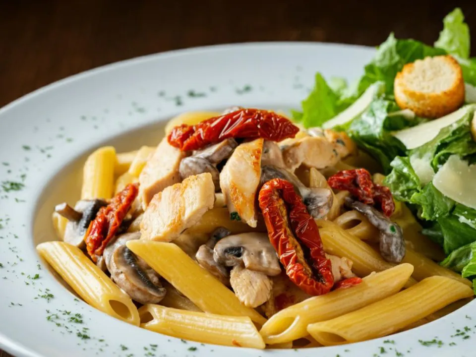 A plate of creamy penne pasta with grilled chicken, mushrooms, and sun-dried tomatoes alongside a Caesar salad