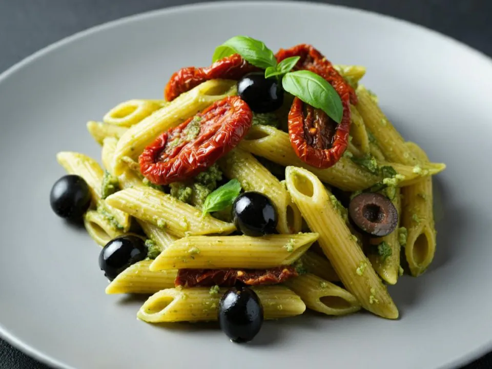 A plate of penne pasta tossed in pesto with sun-dried tomatoes, black olives, and fresh basil on a dark slate plate
