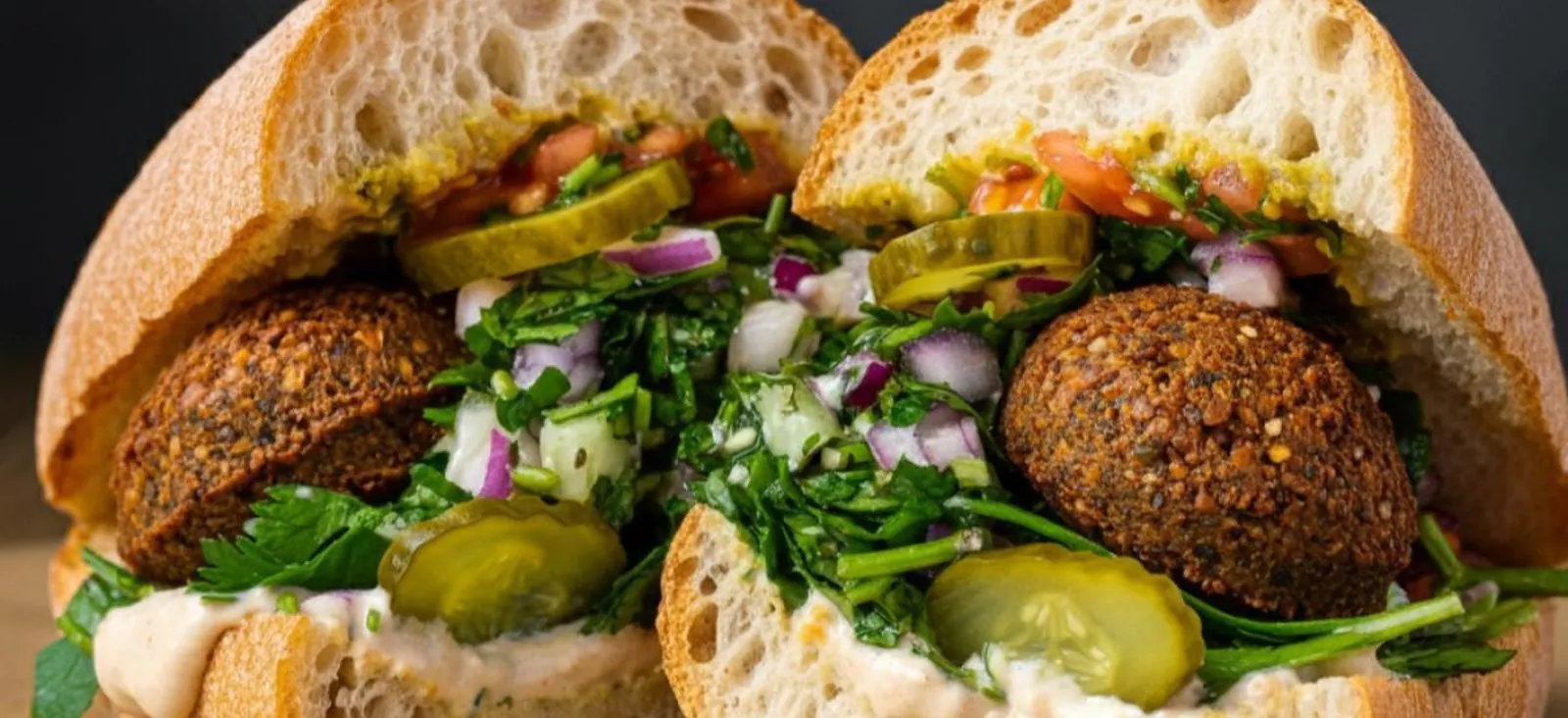 Bite NYC falafel sandwich Two halves of a Bite falafel sandwich on a crusty roll with falafel, chopped herb salad, pickles and tahini