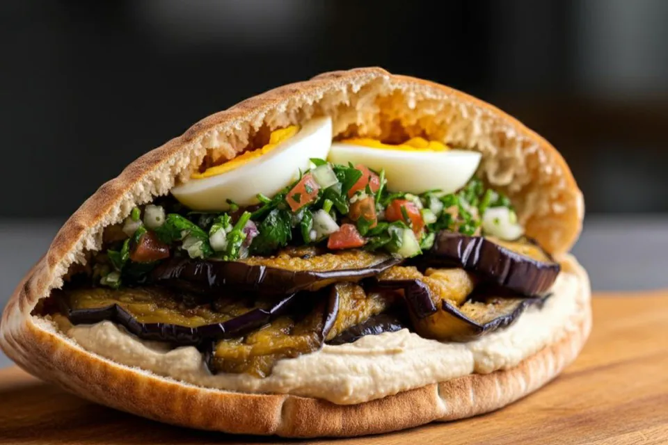 Bite NYC sabih pita Bite sabih pita filled with hummus, sauteed eggplant, hard-boiled egg and Middle Eastern chopped salad on a wooden board