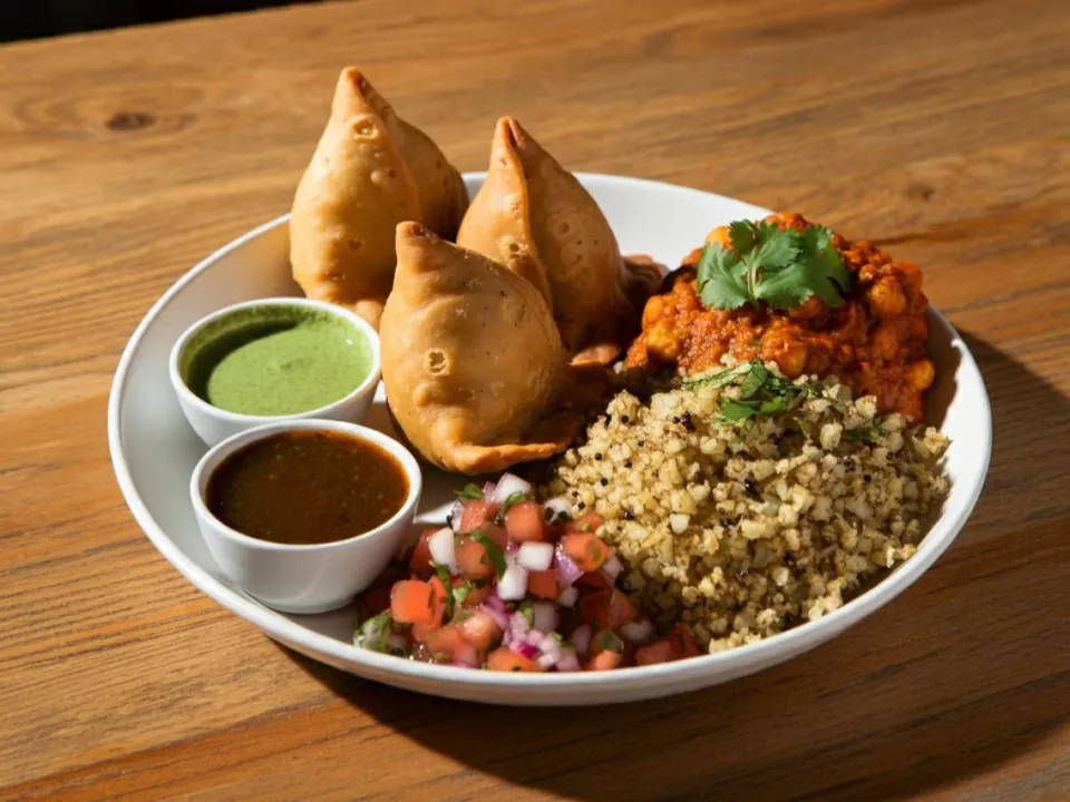 Curry Up Now samosa platter with chutneys Curry Up Now samosas with green and tamarind chutneys, rice, and tikka masala on a plate