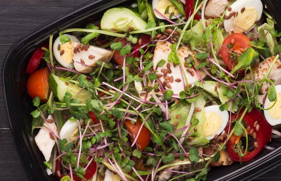 Keto salad bowl with grilled chicken, hard-boiled egg, avocado, cherry tomatoes, cucumber and microgreens
