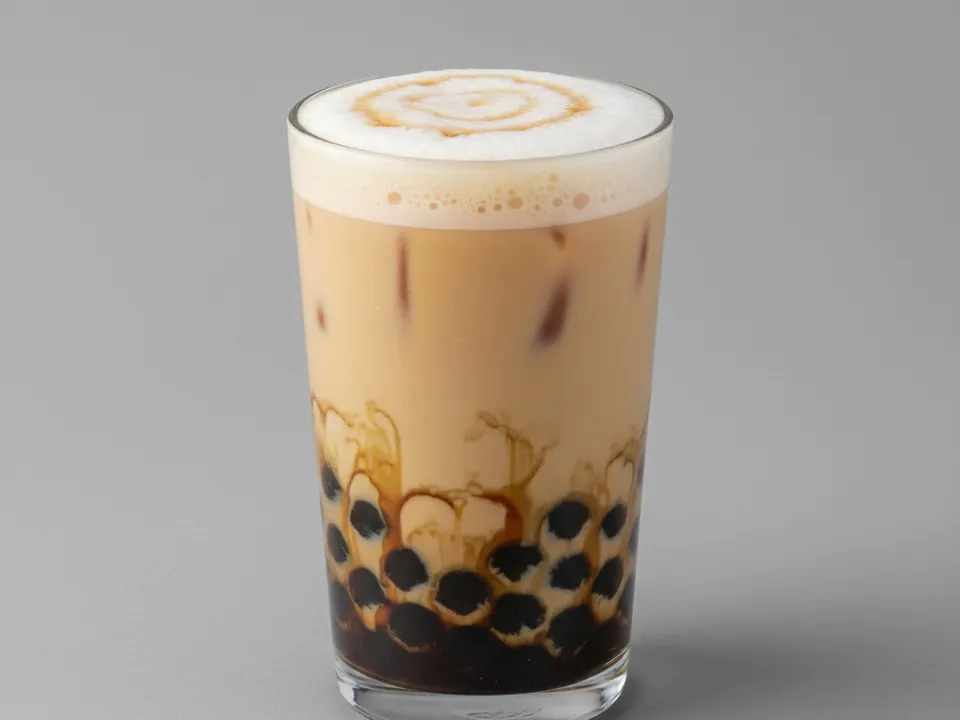 Mochinut boba milk tea Classic Mochinut boba milk tea in a glass with tapioca pearls settled at the bottom