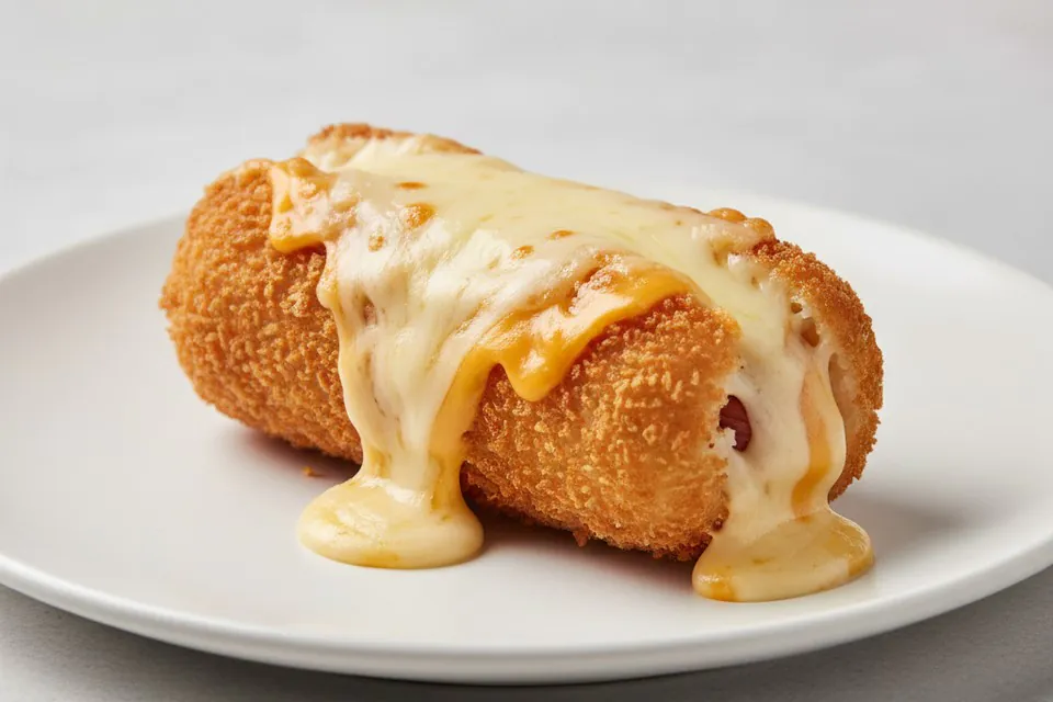 Mochinut Korean corn dog cheese pull Mochinut Korean corn dog with a mozzarella cheese pull and melted cheese on a plate