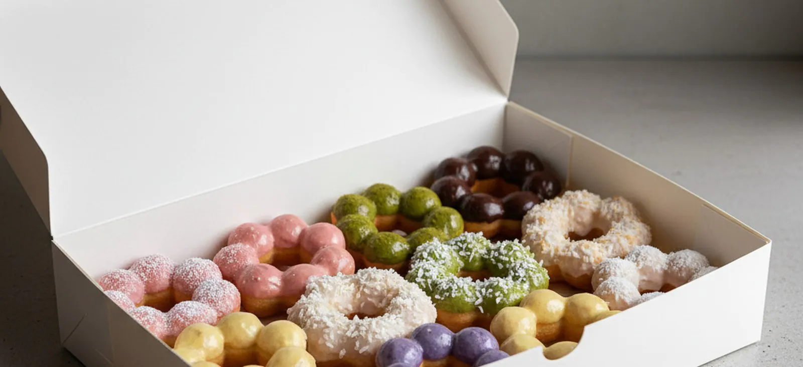 Mochinut mochi donut catering box Open white catering box of assorted colorful Mochinut mochi donuts in pink, matcha green, chocolate, ube, and coconut glazes