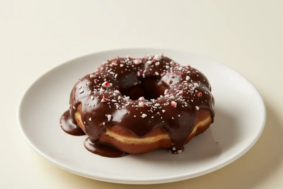Mochinut chocolate mochi donut Single chocolate-glazed Mochinut mochi donut on a plate showing the signature eight-connected-ball ring shape