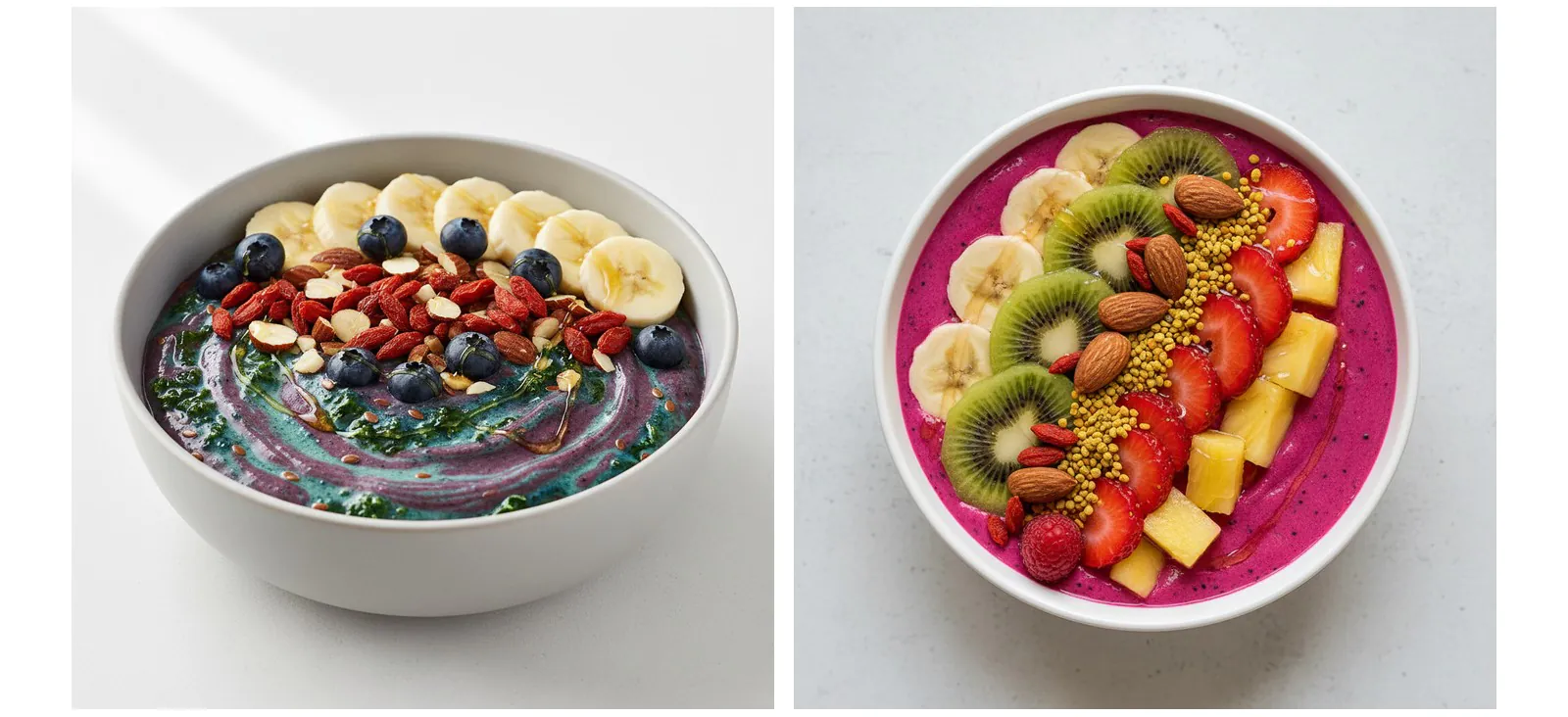 Two Vitality Bowls superfood bowls side by side, a blue açaí bowl with banana and goji and a vivid pink pitaya bowl with kiwi and strawberry
