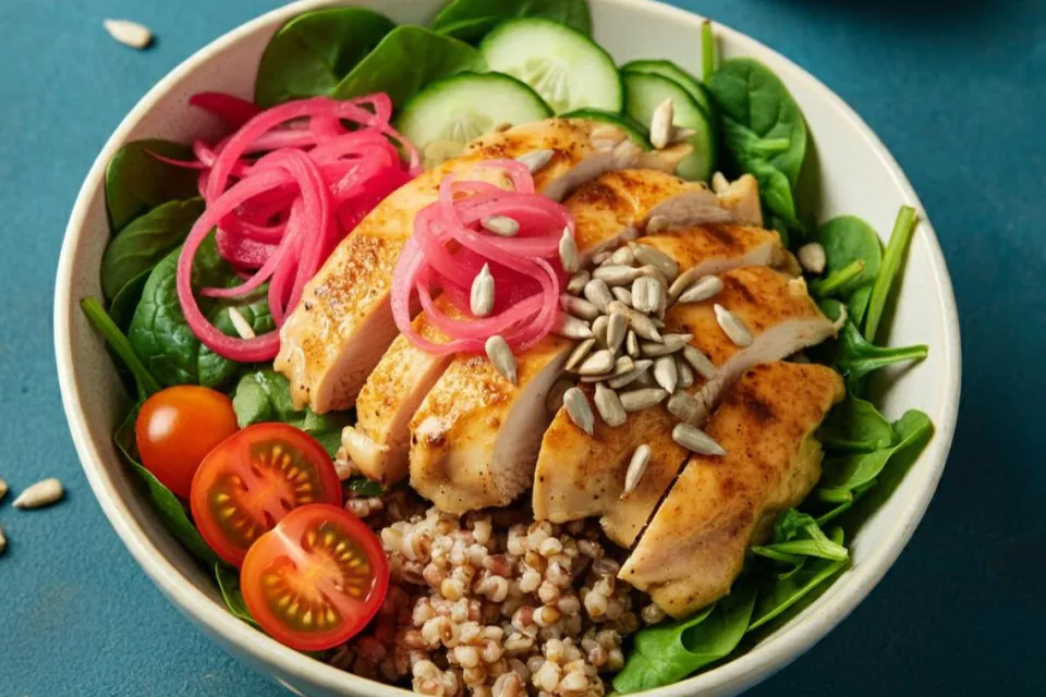 Vitality Bowls grilled chicken grain and spinach salad bowl with pickled onion, cherry tomato, cucumber and sunflower seeds