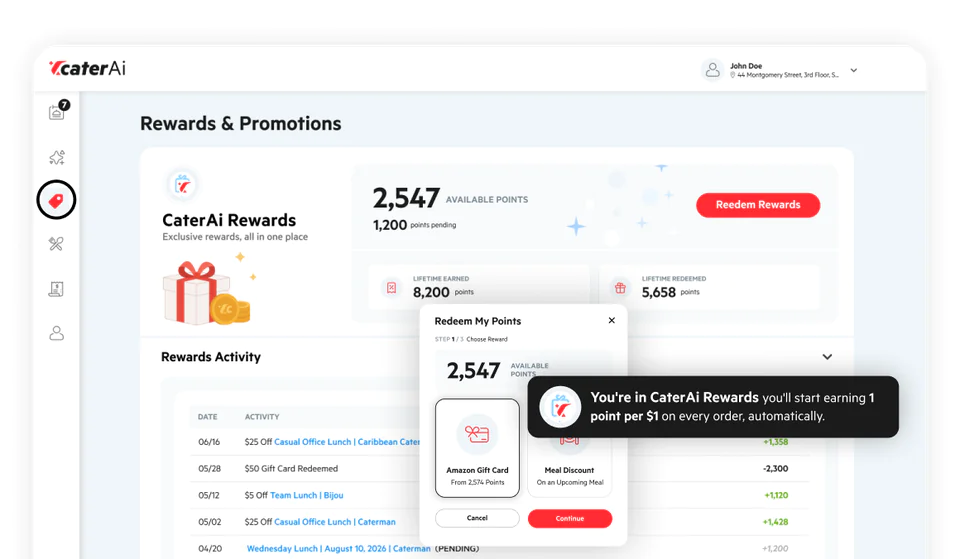CaterAi Rewards dashboard showing available points, lifetime totals, and the Redeem My Points modal with Amazon gift card and meal discount options