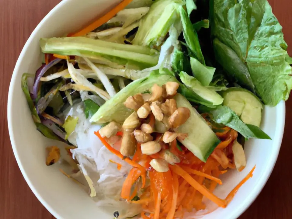 Vietnamese vermicelli noodle salad bowl with ricenoodles, shredded carrot, cucumber, fresh herbs, lettuce and chopped peanuts