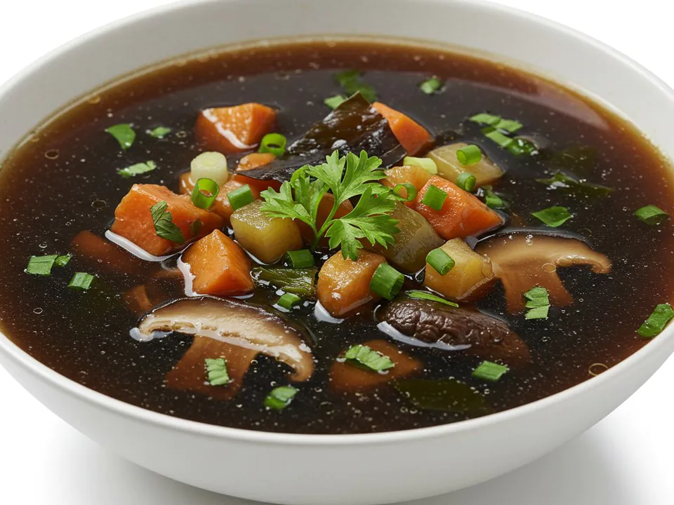 Shiitake Roots Broth with shiitake mushroom caps,carrots and root vegetables in a white bowl