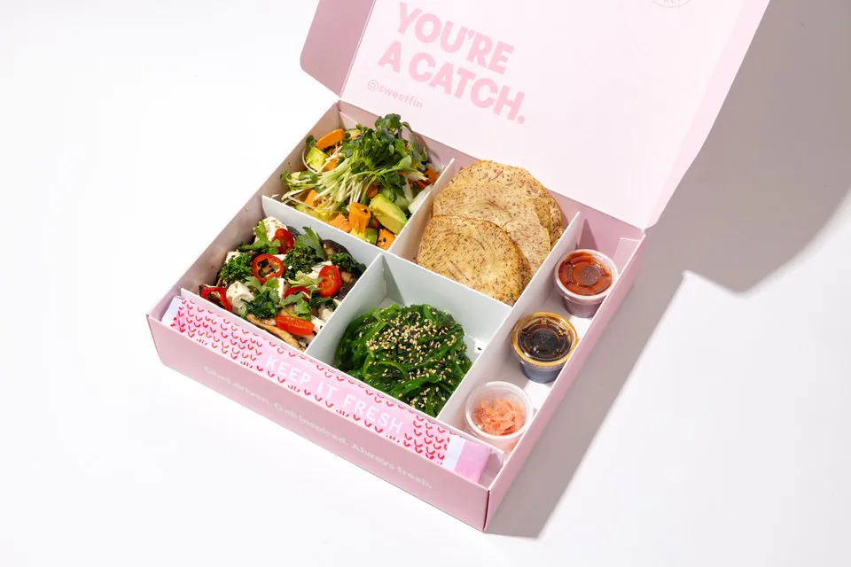 Sweetfin Plant Based Sweetbox with shiitake chili tofu poke, sweet potato ponzu lime poke, seaweed salad and taro chips