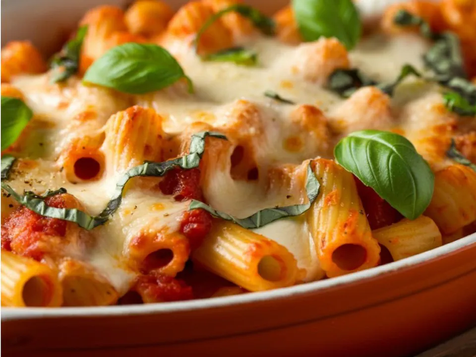 Baked pasta with melted cheese, tomato sauce andfresh basil in a terracotta serving dish