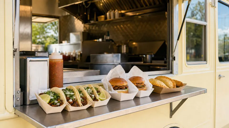 Tacos, sliders and empanadas on the counter of a food truck serving window