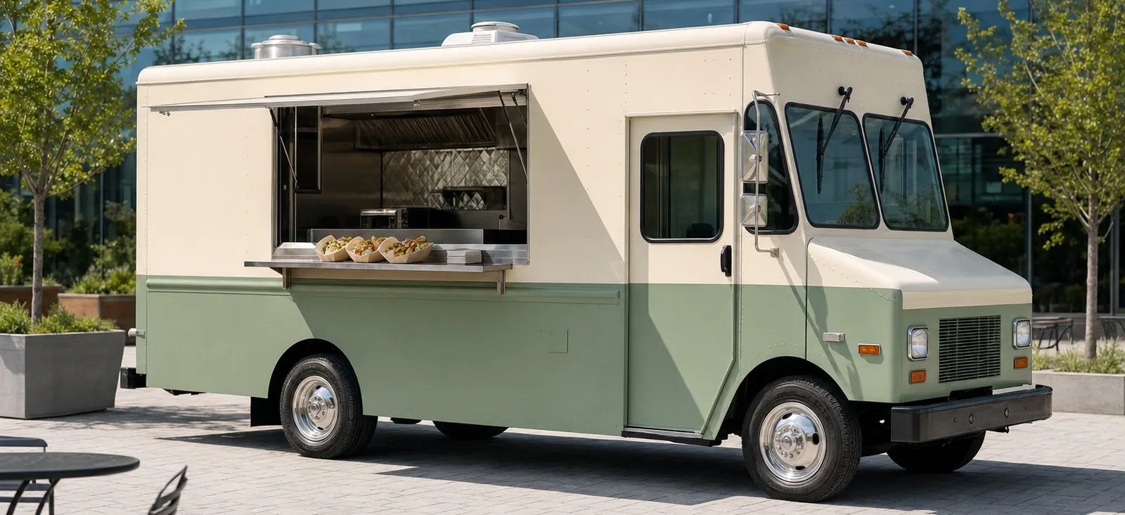Food truck with its serving window open, parked on a plaza outside an office building