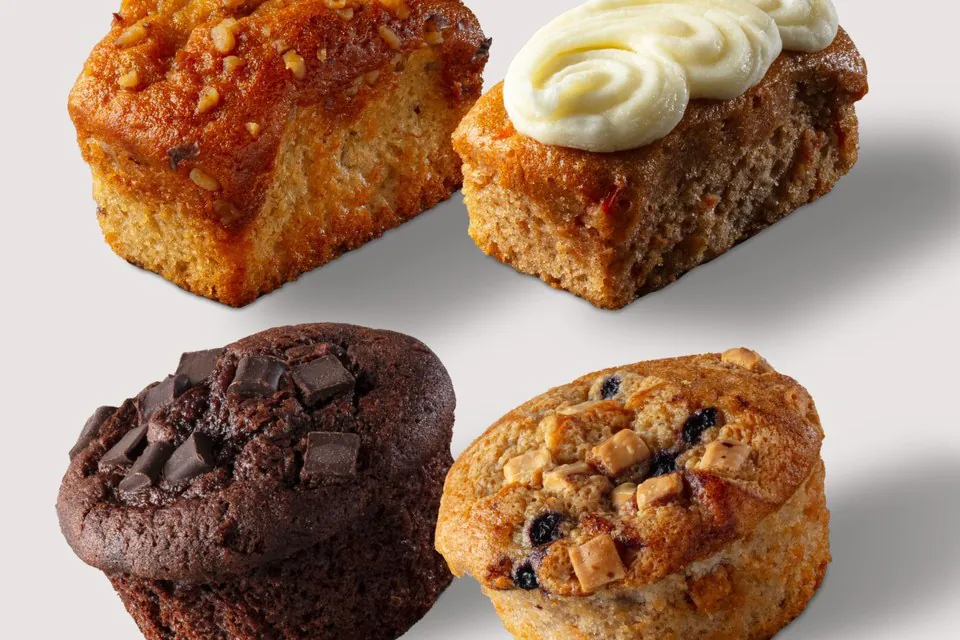Four pastries including a banana loaf, an iced carrot cake, a chocolate muffin and a blueberry muffin on a grey surface