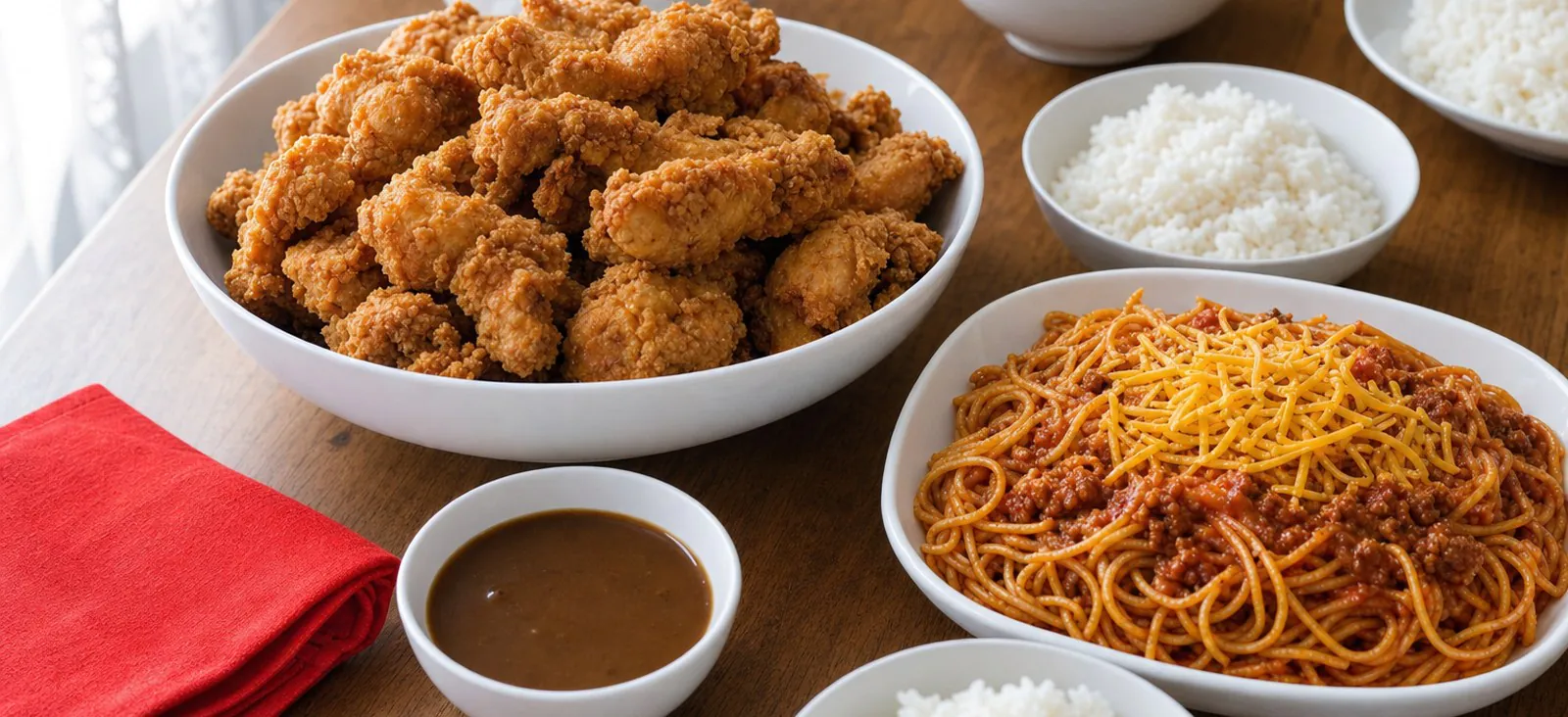Overhead office lunch spread of golden fried chicken in a white serving bowl beside a tray of tomato-sauced spaghetti and small dishes of steamed rice