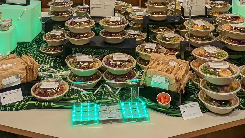 Rows of individually packed grain bowls and wrapped sandwiches arranged on risers across an office table