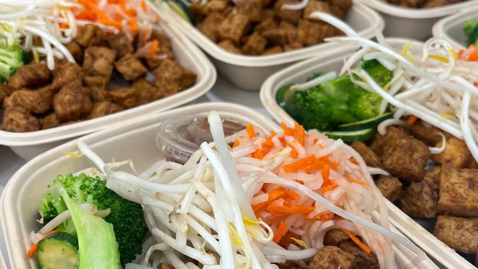 Rows of identical portioned meal boxes of tofu, broccoli and sprouts on a white counter
