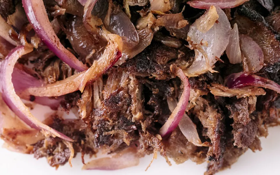 A Cuban Kitchen filling with red onions A close-up of shredded, pan-crisped Cuban filling tossed with red onions on a white plate